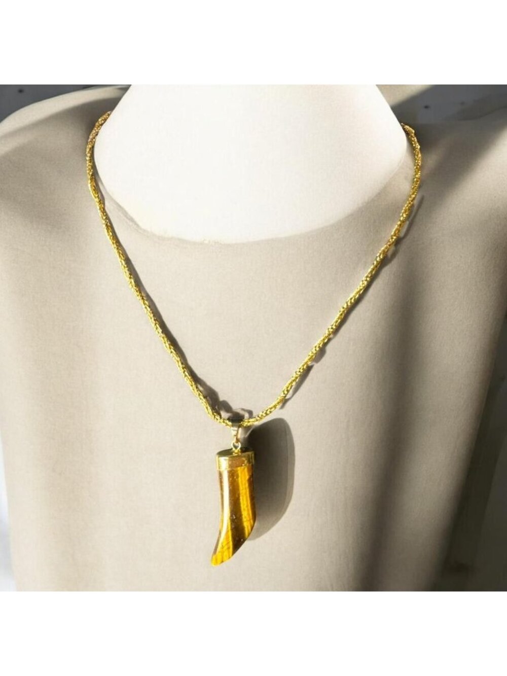 Tigerβs Eye Claw Pendant Necklace Gold-Tone Rope Chain Boho Natural Stone Jewelr